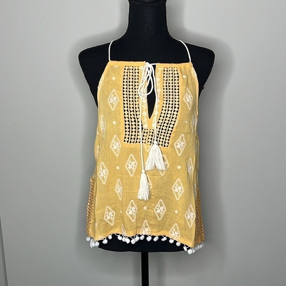 RAGA Anthropologie Embroidered Crochet Pom Tank Top in Yellow & White Size Large - Picture 6 of 9